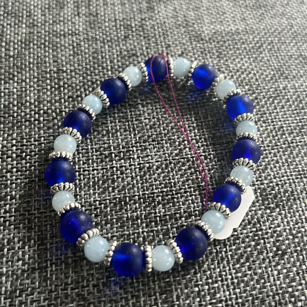 Glass dark light cobalt blue silver tone stretch on fit beaded beads bracelet